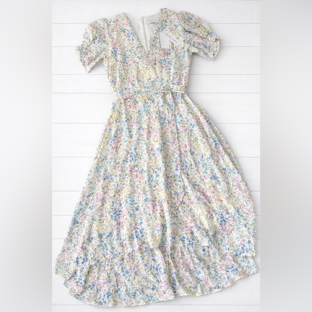 Emma & Michele dress floral womens 6 NWT Short Sleeve belt tie high low hem